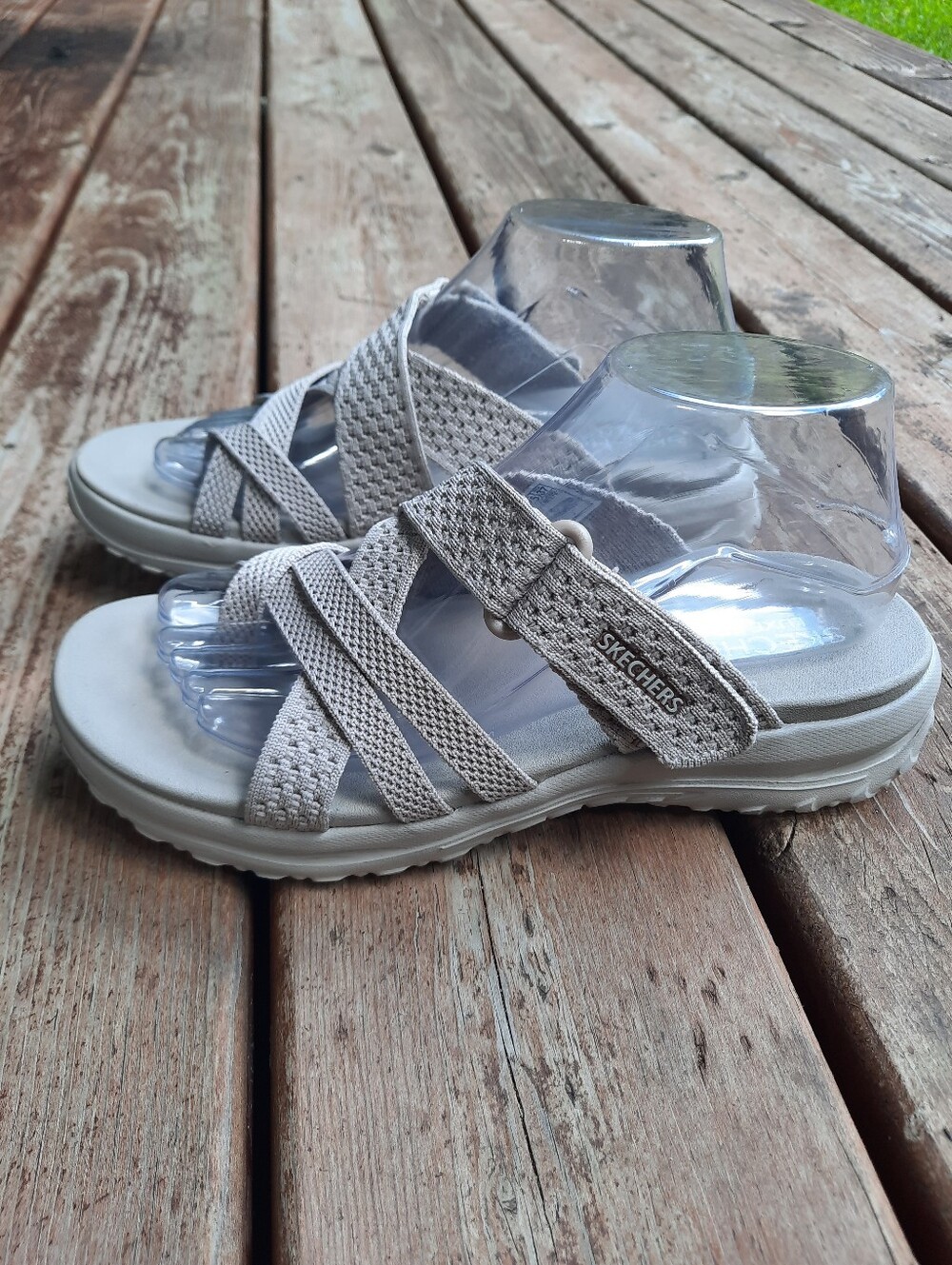 Skechers Luxe Foam Strappy Criss-cross Slide Sandals Taupe Comfort Sole Size 8 - Picture 8 of 15